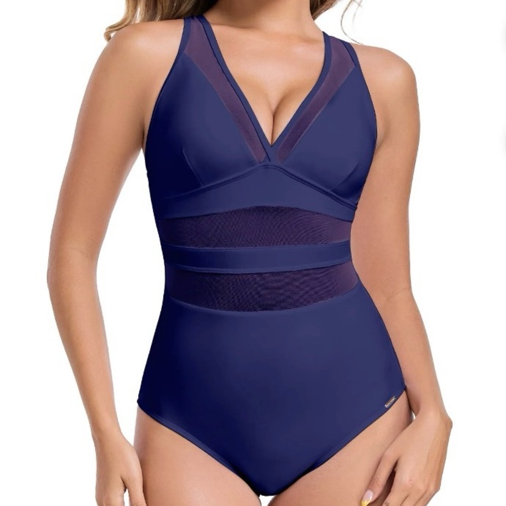RELLECIGA Women's V-Neck Mesh Splicing One-Piece Swimsuit size Medium NWT - Picture 13 of 16